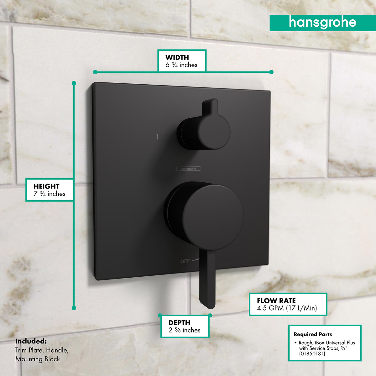 HANSGROHE 15862671 Ecostat Pressure Balance Trim Square with Diverter - Matte Black
