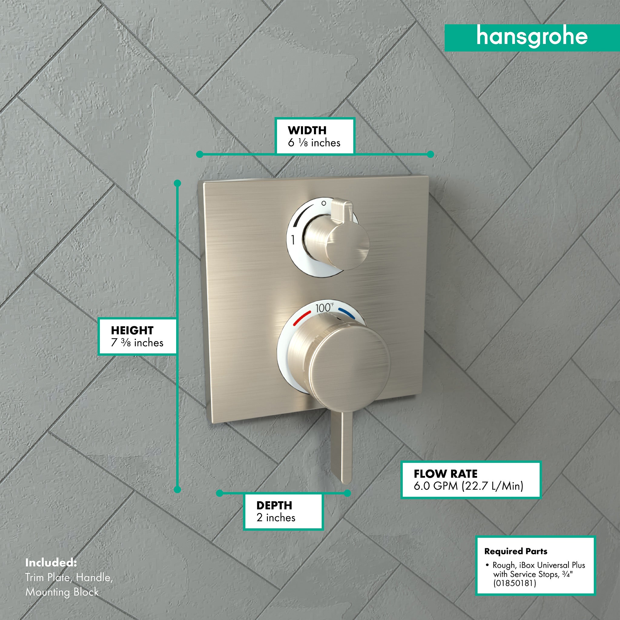 HANSGROHE 15714821 Ecostat Square Thermostatic Trim with Volume Control and Diverter - Brushed Nickel