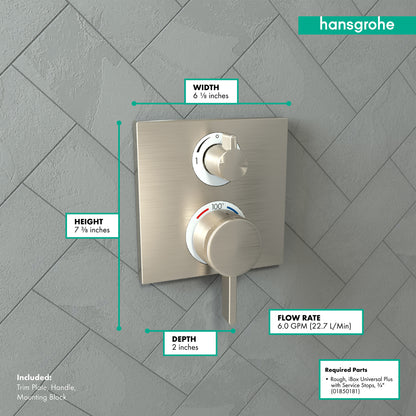 HANSGROHE 15714821 Ecostat Square Thermostatic Trim with Volume Control and Diverter - Brushed Nickel