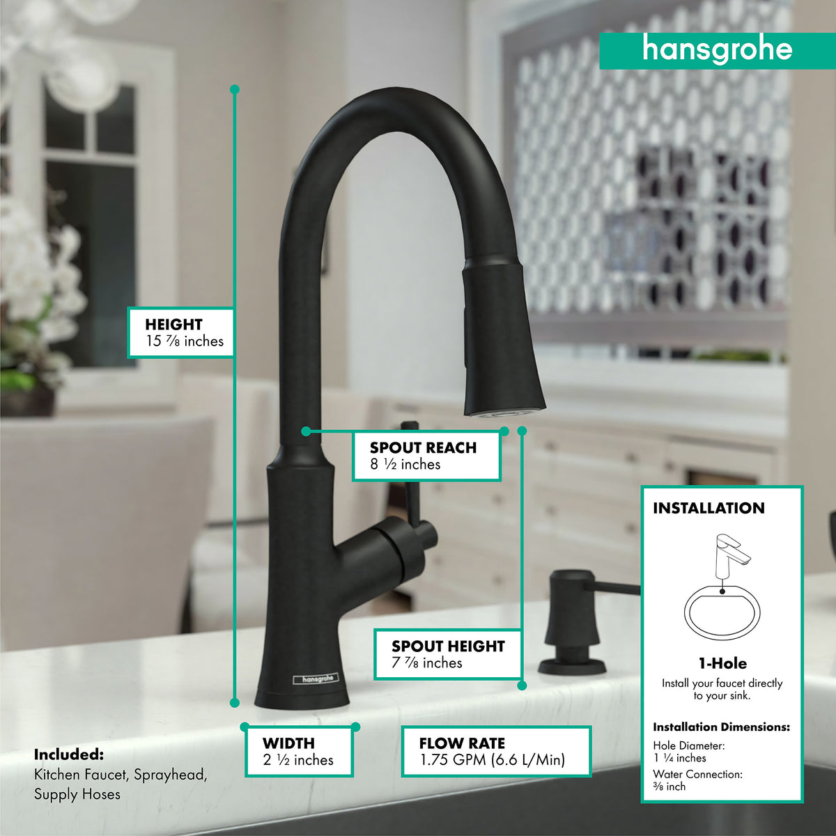 HANSGROHE 04793670 Joleena HighArc Kitchen Faucet, 2-Spray Pull-Down, 1.75 GPM - Matte Black