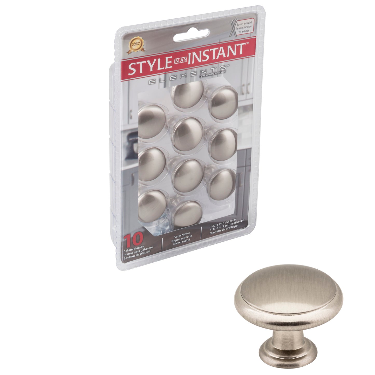 ELEMENTS 3940-SN-R Retail Pack Hardware 1-3/16" Diameter Mushroom Knob , Satin Nickel