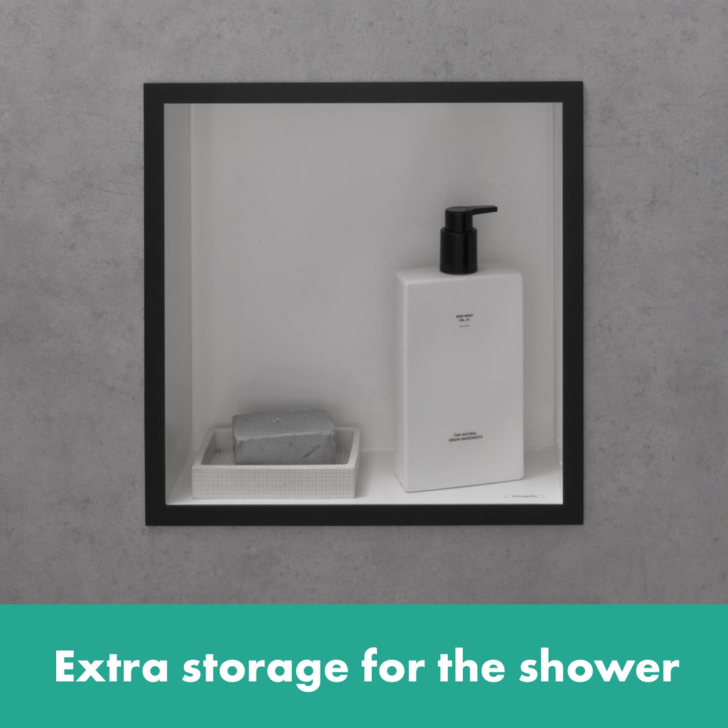 HANSGROHE 56099340 XtraStoris Individual Wall Niche Matte White with Design Frame 12"x 12"x 4" - Brushed Black Chrome