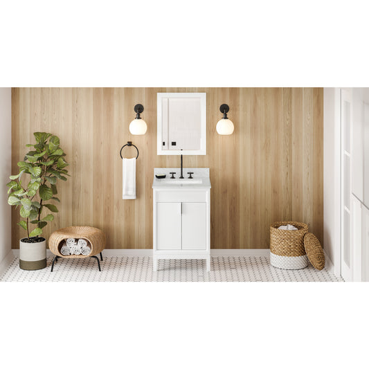 JEFFREY ALEXANDER VKITTHE24WHWCR 24" White Theodora Vanity, White Carrara Marble Vanity Top, undermount rectangle bowl , White