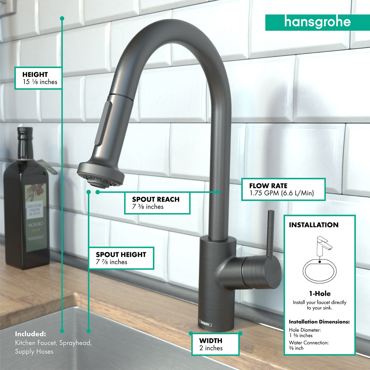HANSGROHE 04286340 Talis S² Prep Kitchen Faucet, 2-Spray Pull-Down, 1.75 GPM - Brushed Black Chrome