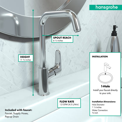 HANSGROHE 31609001 Chrome Focus Modern Single Hole Bathroom Faucet 1.2 GPM