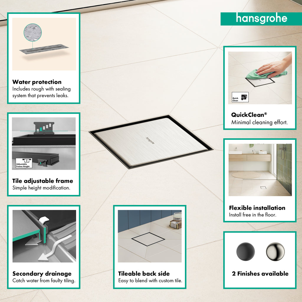 HANSGROHE 56136801 RainDrain Brilliance Point Drain Set 6"x 6" Trim with Height Adjustable Frame and Rough - Brushed Stainless Steel