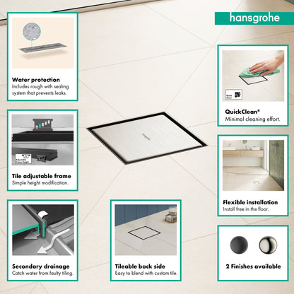 HANSGROHE 56132801 RainDrain Brilliance Point Drain Set 4"x 4" Trim with Height Adjustable Frame and Rough - Brushed Stainless Steel