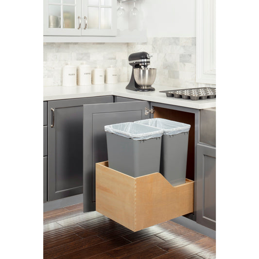 HARDWARE RESOURCES CAN-WBMD5018G Double 50 Quart Wood Bottom-Mount Soft-close Trashcan Rollout for Hinged Doors, Includes Two Grey Cans - Grey