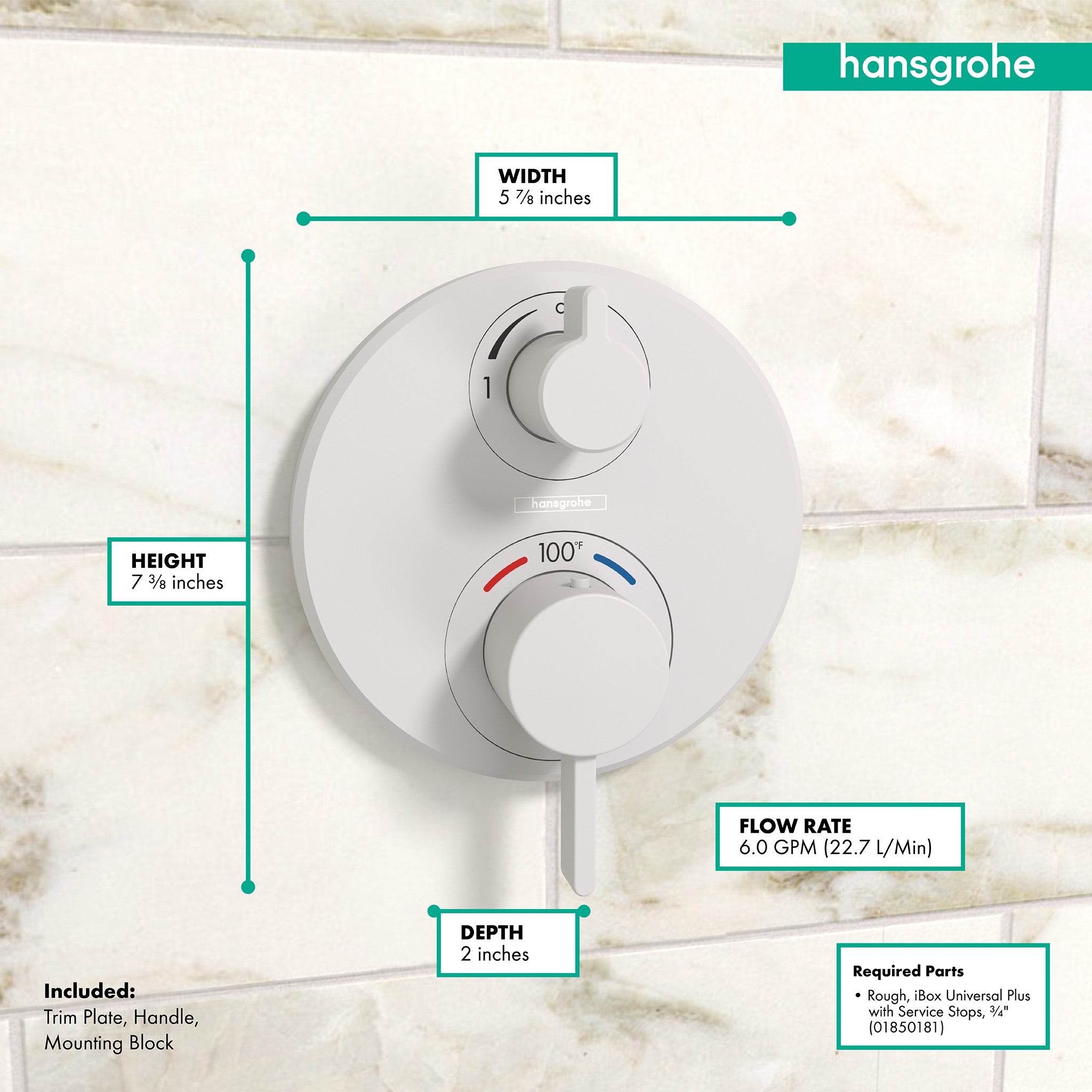 HANSGROHE 15758701 Ecostat S Thermostatic Trim with Volume Control and Diverter - Matte White