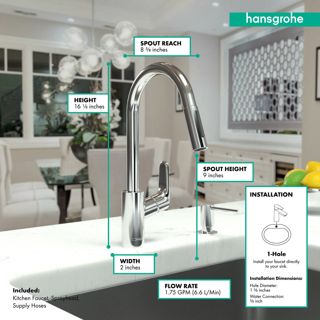 HANSGROHE 04920000 Focus Higharc Kitchen Faucet, 2-Spray Pull-Down, 1.5 GPM - Chrome