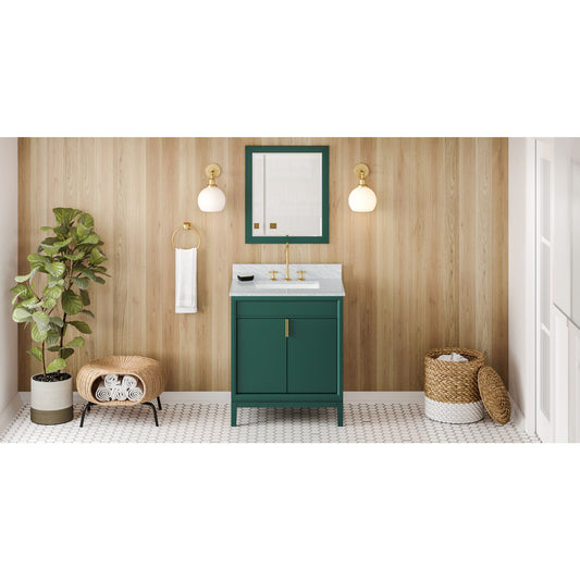 JEFFREY ALEXANDER VKITTHE30GNWCR 30" Forest Green Theodora Vanity, White Carrara Marble Vanity Top, undermount rectangle bowl , Green