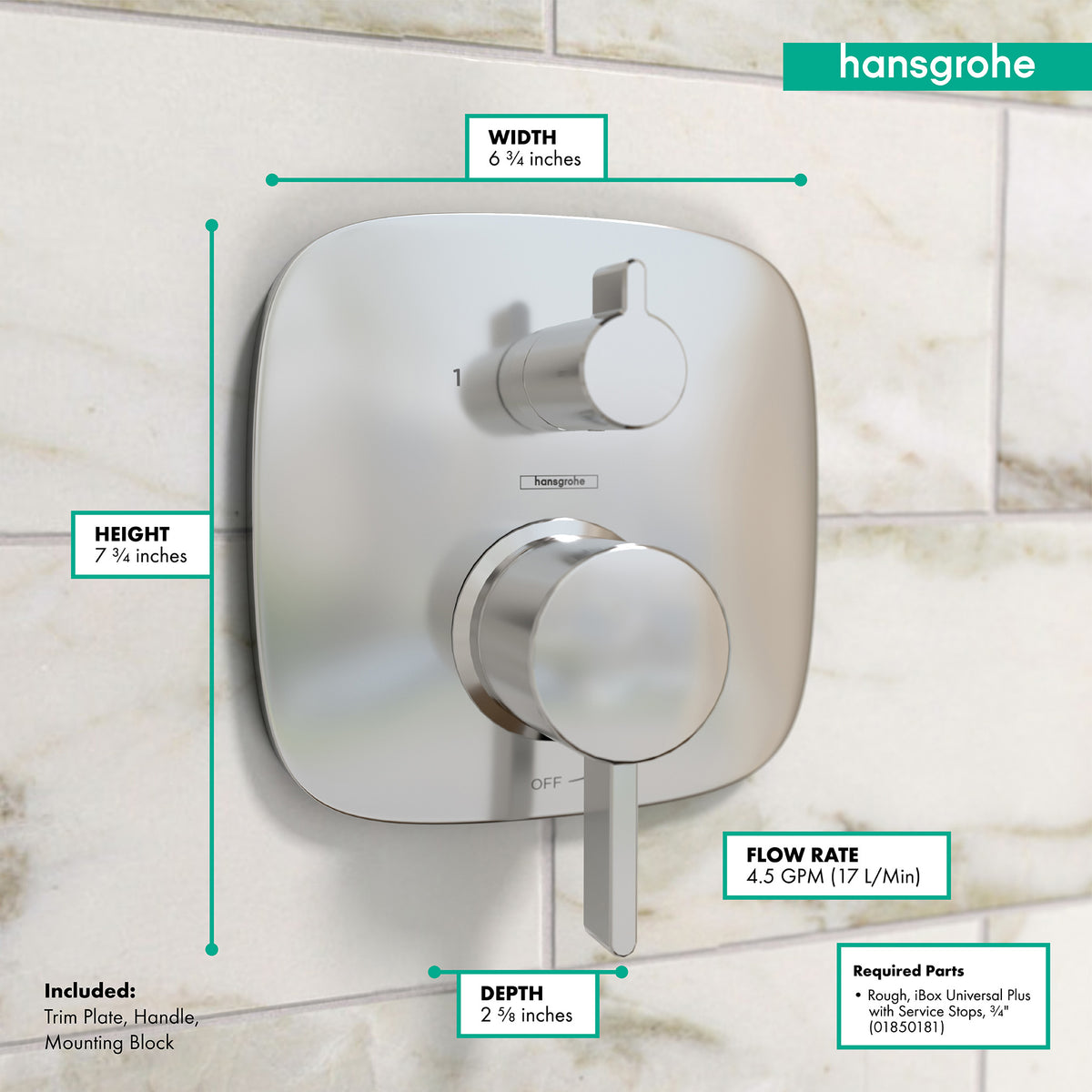 HANSGROHE 15864001 Ecostat Pressure Balance Trim Square with Diverter - Chrome
