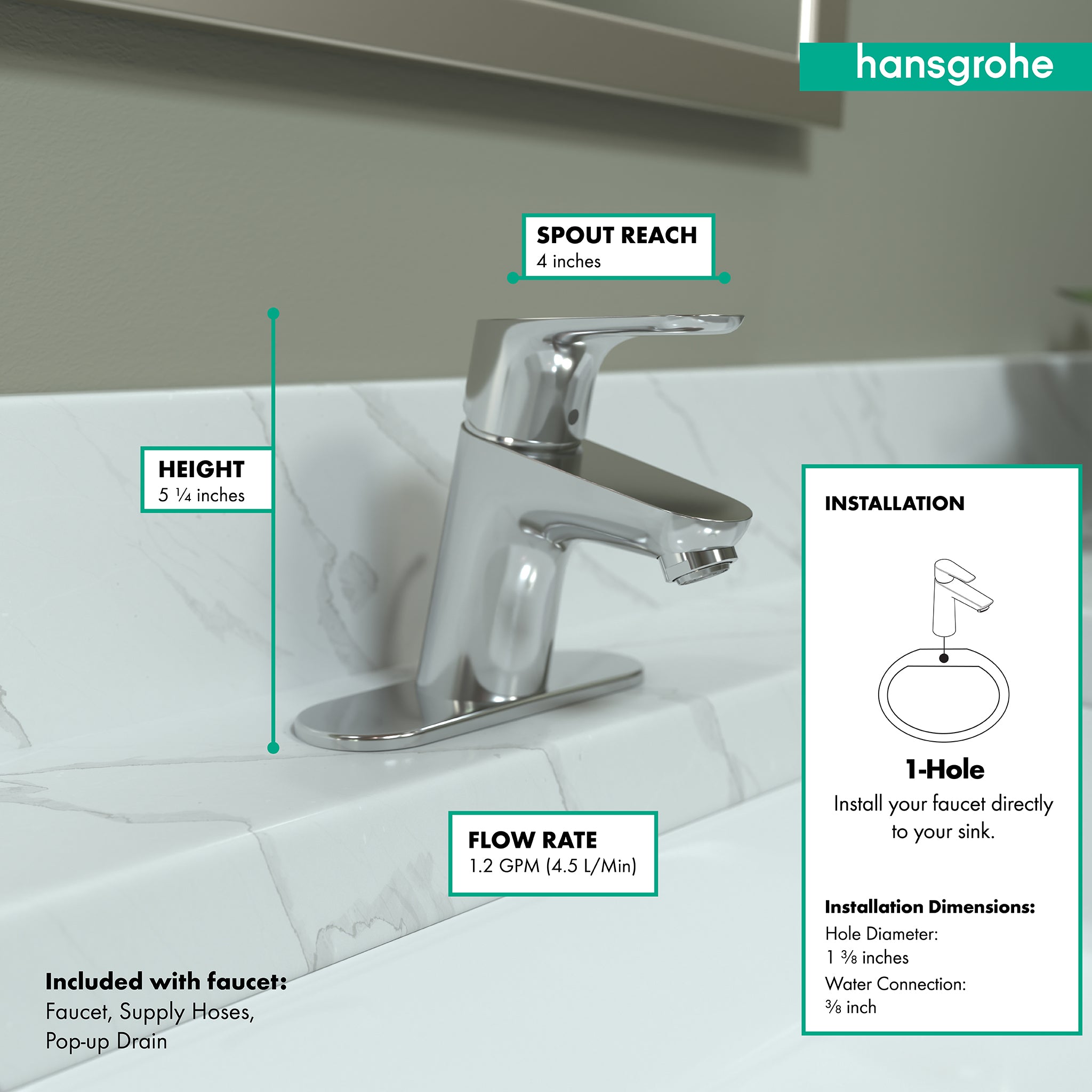 HANSGROHE 04370000 Focus Single-Hole Faucet 70 with Pop-Up Drain, 1.2 GPM - Chrome