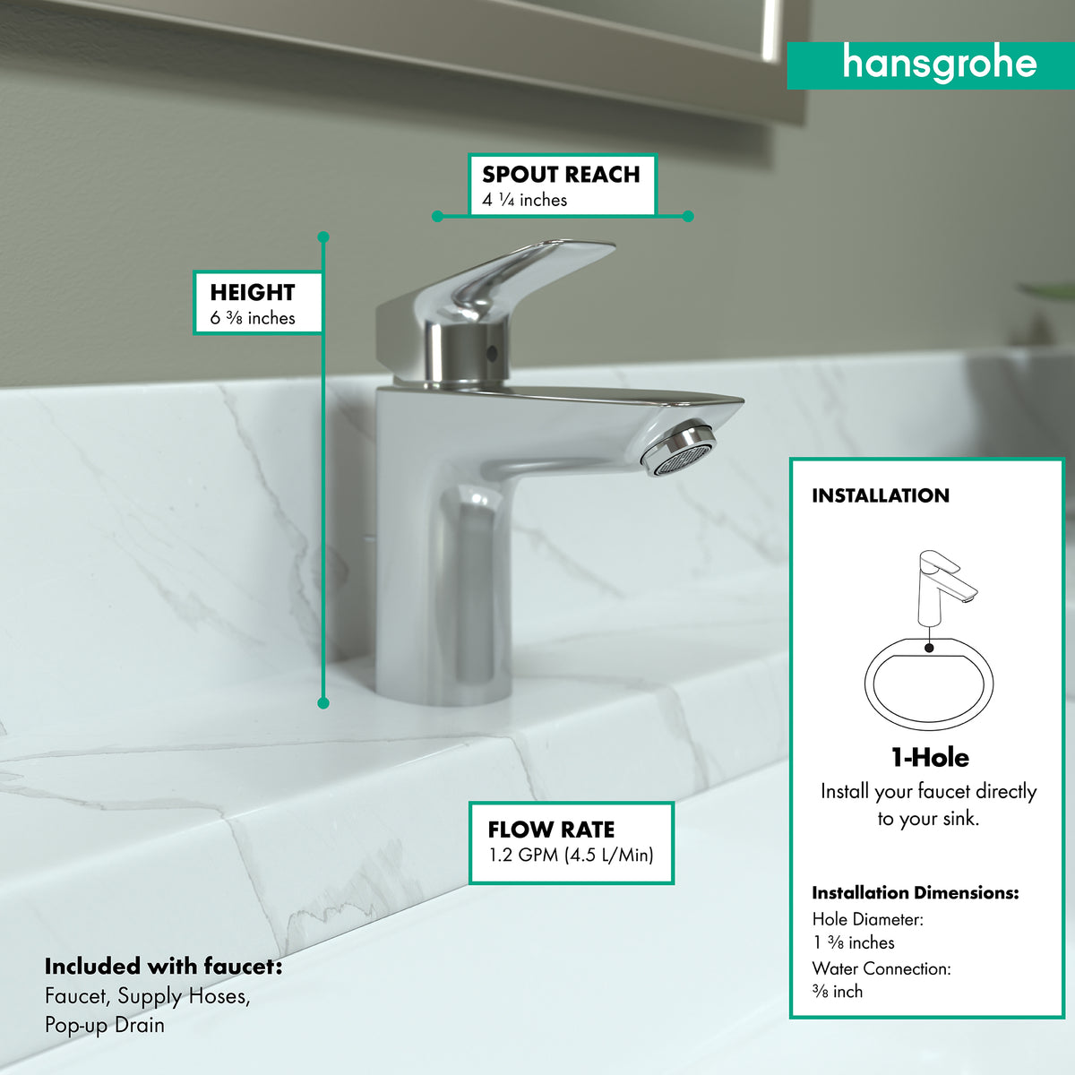 HANSGROHE 71100001 Logis Single-Hole Faucet 100 with Pop-Up Drain, 1.2 GPM - Chrome