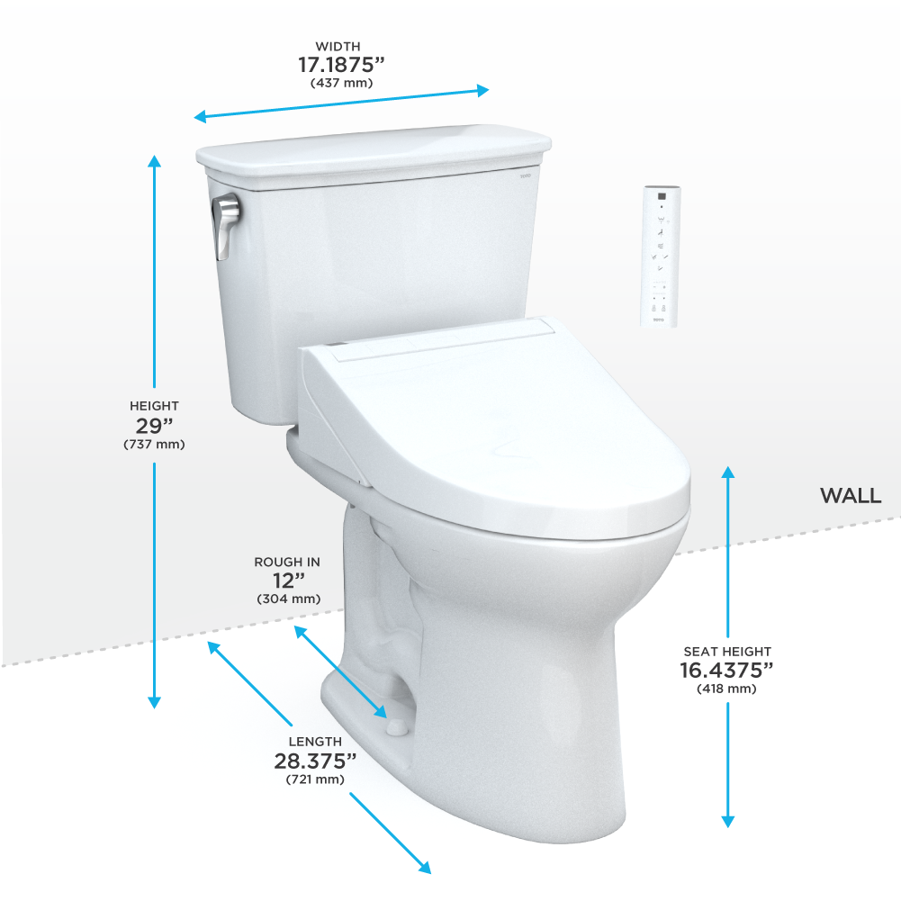 TOTO MW7863084CEG#01 Drake Transitional WASHLET+ Two-Piece Elongated 1.28 GPF TORNADO FLUSH Toilet with C5 Bidet Seat , Cotton White