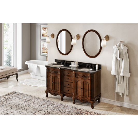 Jeffrey Alexander VKITCLA60NUBGO 60" Nutmeg Clairemont Vanity, double bowl, Clairemont-only Black Granite Vanity Top, two undermount oval bowls in Nutmeg
