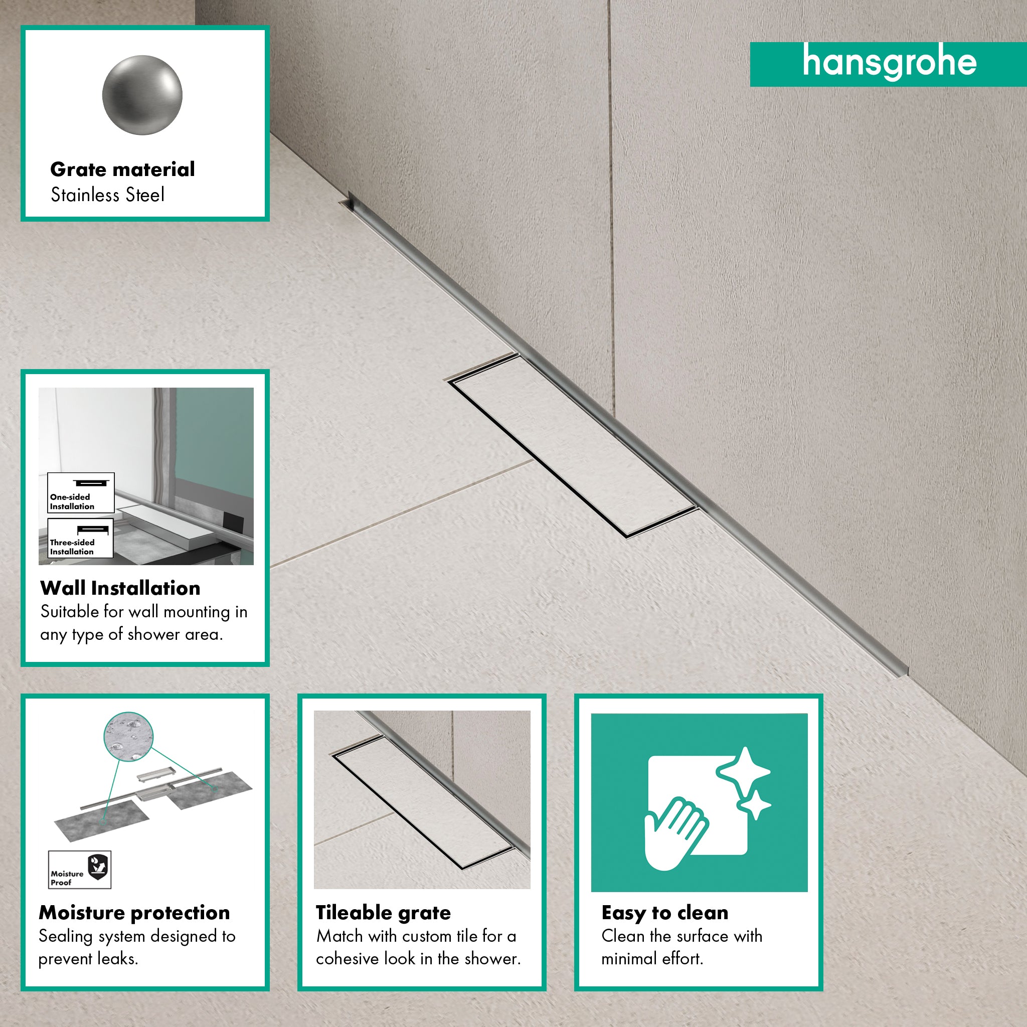 HANSGROHE 56220001 RainDrain Minimalistic Complete Set 2", 31 1/2" Trim and Installation Set - Brushed Stainless Steel