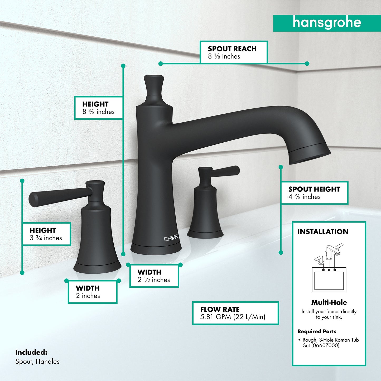 HANSGROHE 04776670 Joleena 3-Hole Roman Tub Set Trim - Matte Black