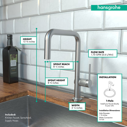 HANSGROHE 72858801 Talis N Kitchen Faucet, U-Style 1-Spray, 1.5 GPM - Stainless Steel Optic