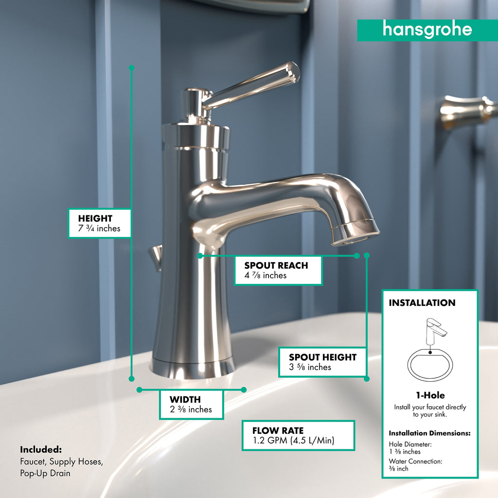 HANSGROHE 04771830 Joleena Single-Hole Faucet 100 with Pop-Up Drain, 1.2 GPM - Polished Nickel