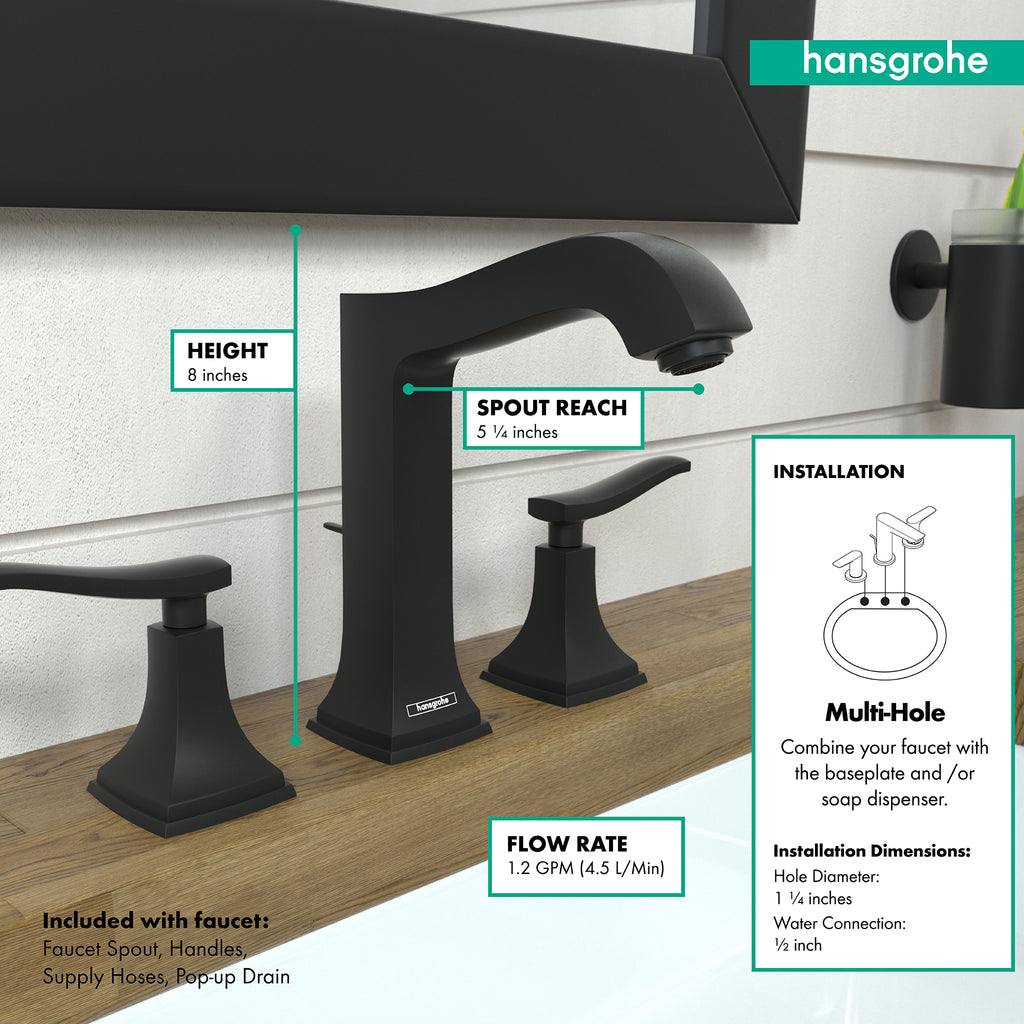 HANSGROHE 31331671 Metropol Classic Widespread Faucet 160 with Lever Handles and Pop-Up Drain, 1.2 GPM - Matte Black