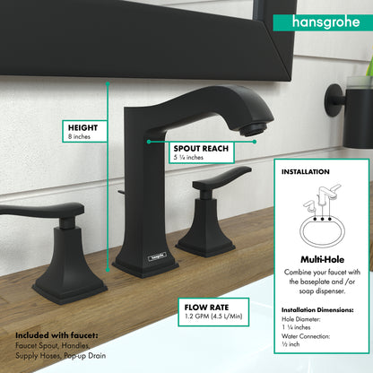 HANSGROHE 31331671 Metropol Classic Widespread Faucet 160 with Lever Handles and Pop-Up Drain, 1.2 GPM - Matte Black