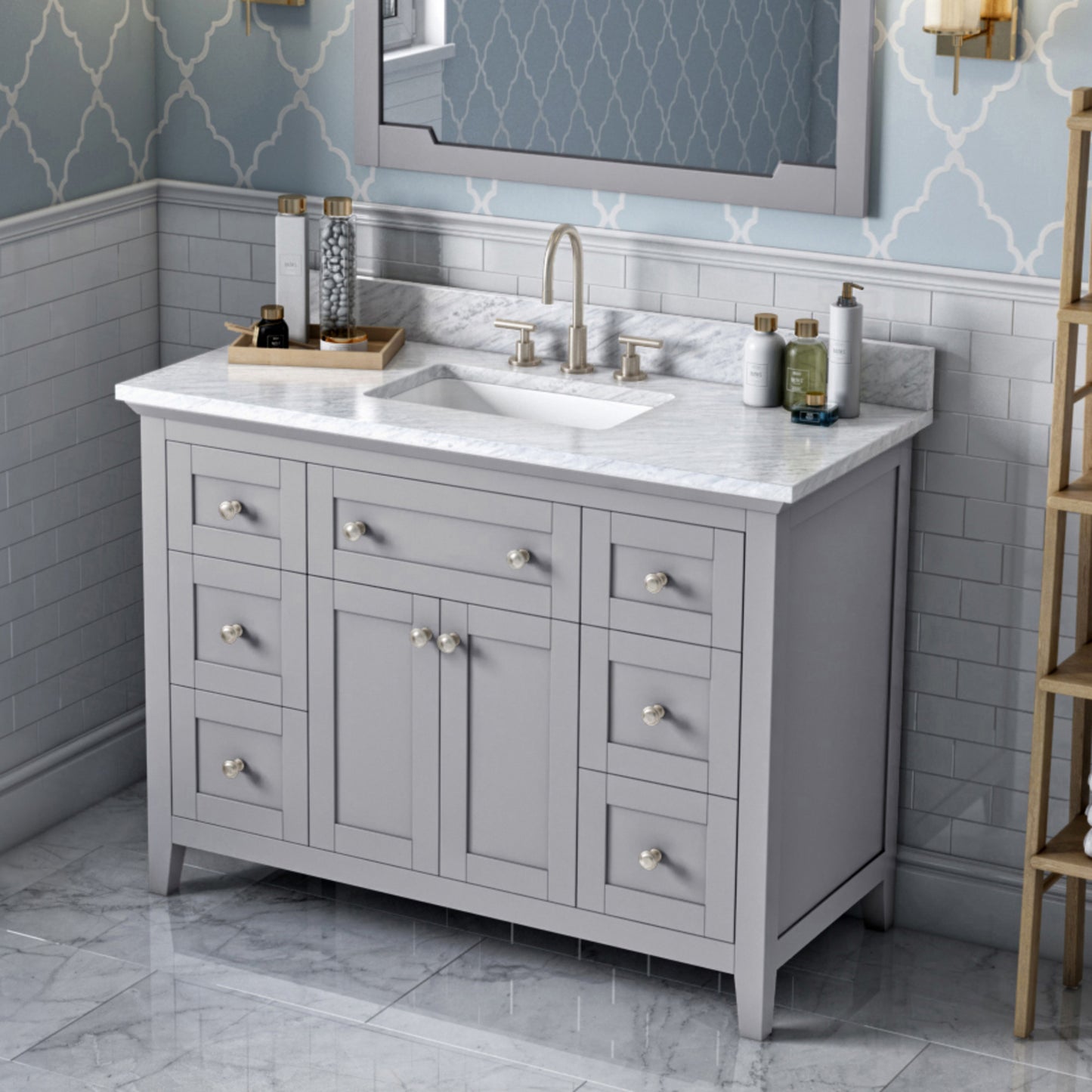 JEFFREY ALEXANDER VKITCHA48GRWCR 48" Grey Chatham Vanity, White Carrara Marble Vanity Top, undermount rectangle bowl - Grey