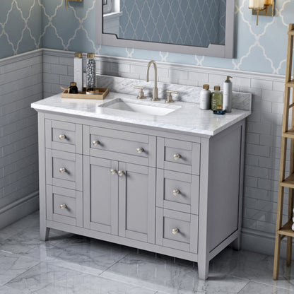 JEFFREY ALEXANDER VKITCHA48GRWCR 48" Grey Chatham Vanity, White Carrara Marble Vanity Top, undermount rectangle bowl - Grey