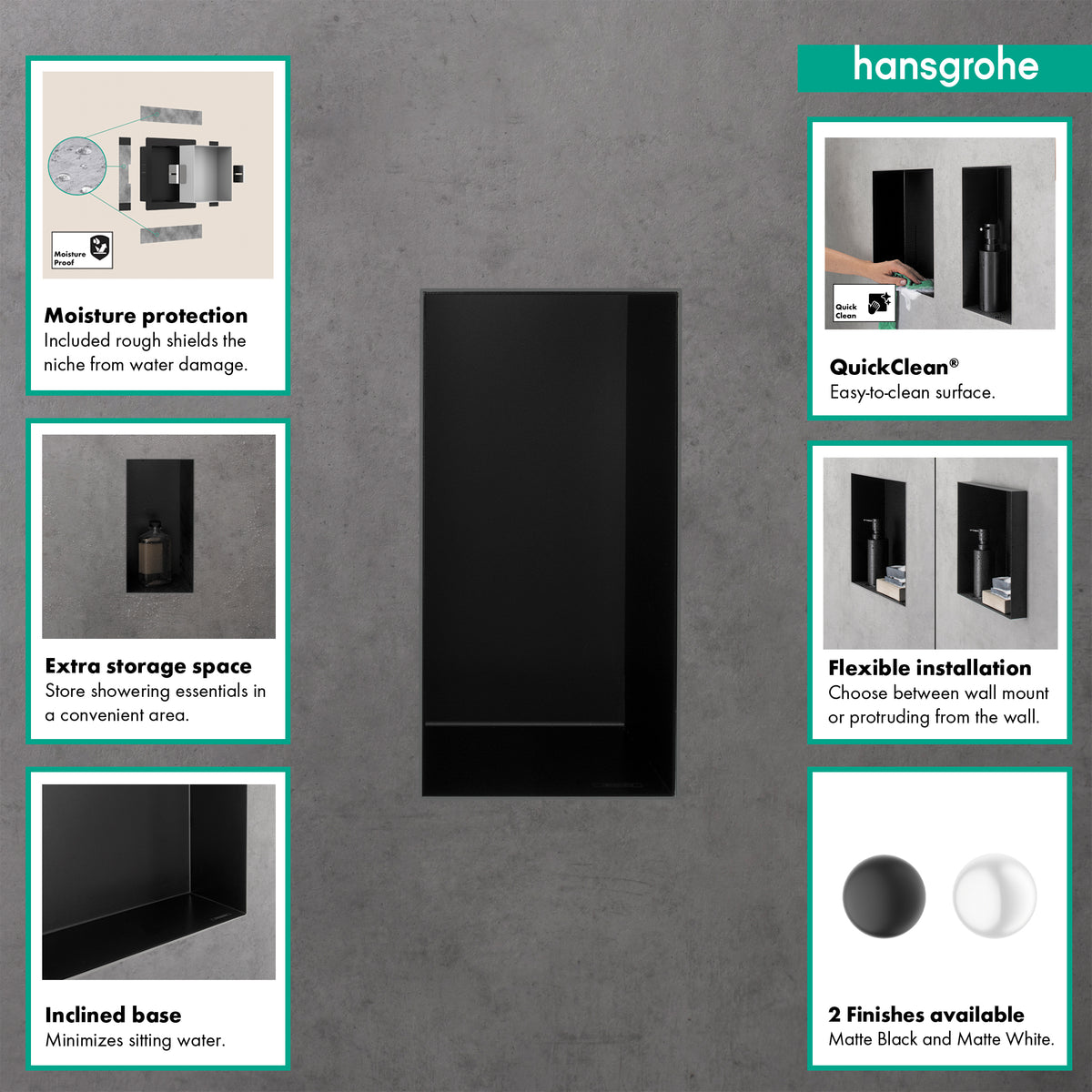 HANSGROHE 56070670 XtraStoris Minimalistic Wall Niche with Open Frame 12"x 6"x 4" - Matte Black