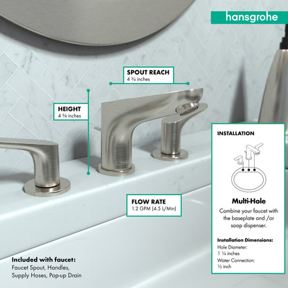 HANSGROHE 04369820 Brushed Nickel Focus Modern Widespread Bathroom Faucet 1.2 GPM
