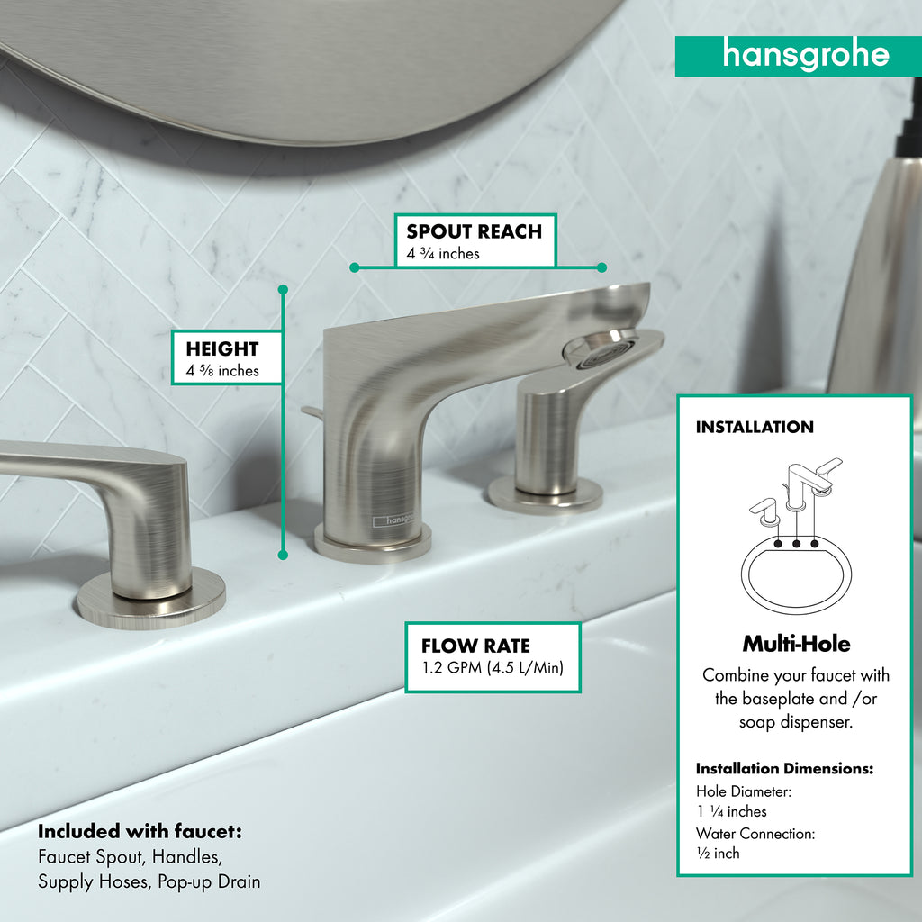 HANSGROHE 04369820 Focus Widespread Faucet 100 with Pop-Up Drain, 1.2 GPM - Brushed Nickel