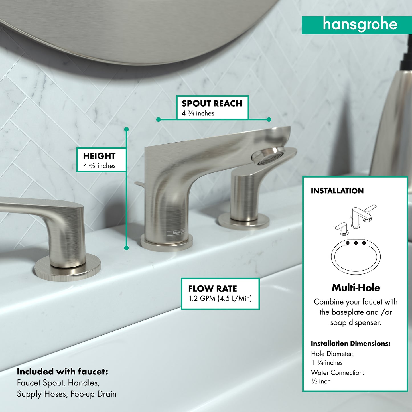 HANSGROHE 04369820 Brushed Nickel Focus Modern Widespread Bathroom Faucet 1.2 GPM