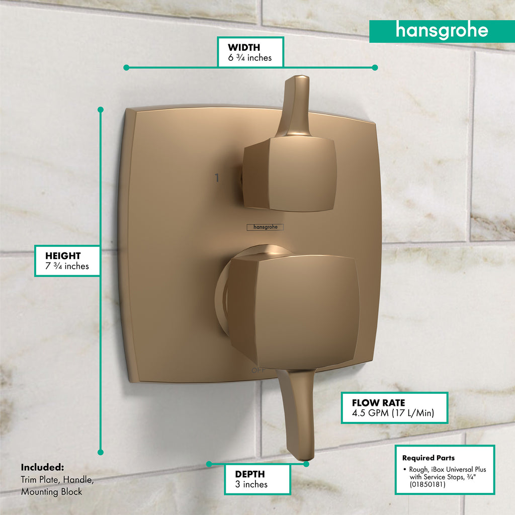 HANSGROHE 15865141 Ecostat Classic Pressure Balance Trim Classic Square with Diverter - Brushed Bronze