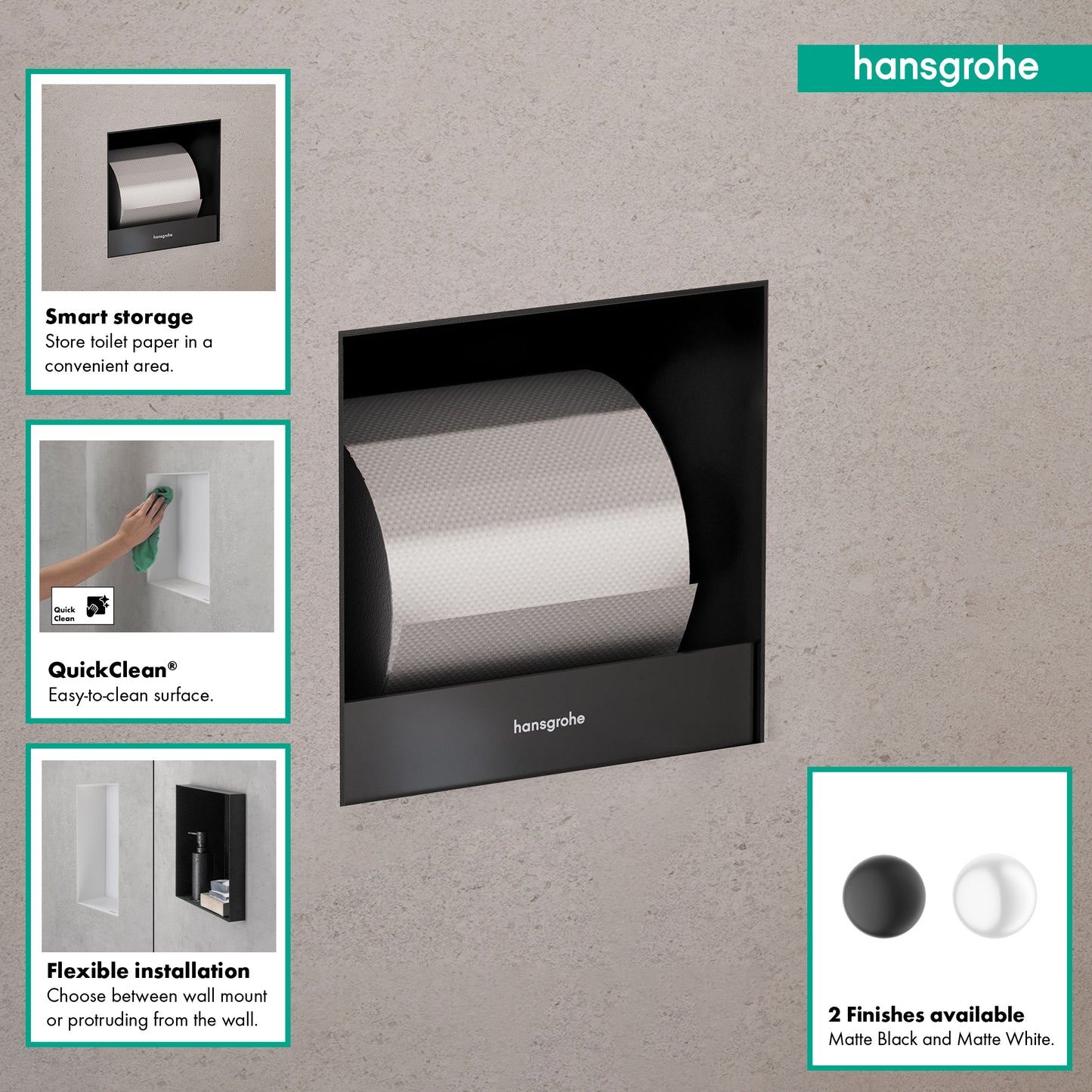 HANSGROHE 56065670 XtraStoris Original Recessed Toilet Paper Holder 6"x 6"x 5.5" - Matte Black