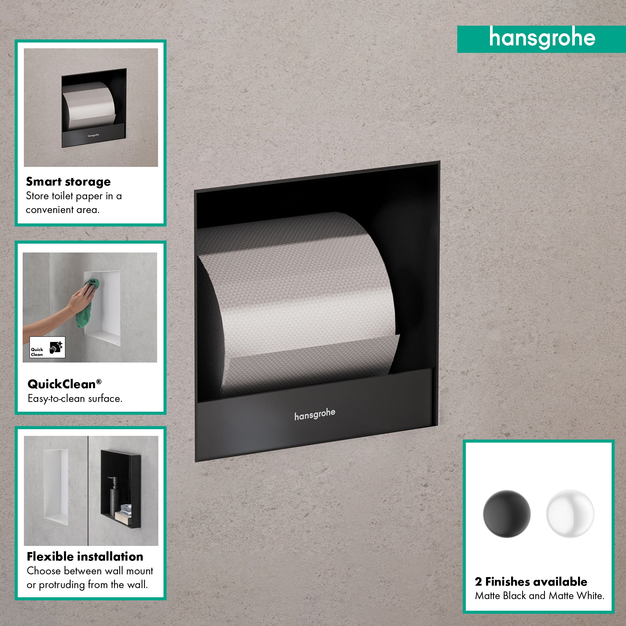 HANSGROHE 56065700 XtraStoris Original Recessed Toilet Paper Holder 6"x 6"x 5.5" - Matte White