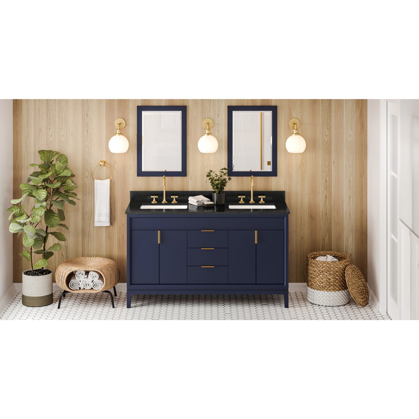 JEFFREY ALEXANDER VKITTHE60BLBGR 60" Hale Blue Theodora Vanity, double bowl, Black Granite Vanity Top, two undermount rectangle bowls , Hale Blue