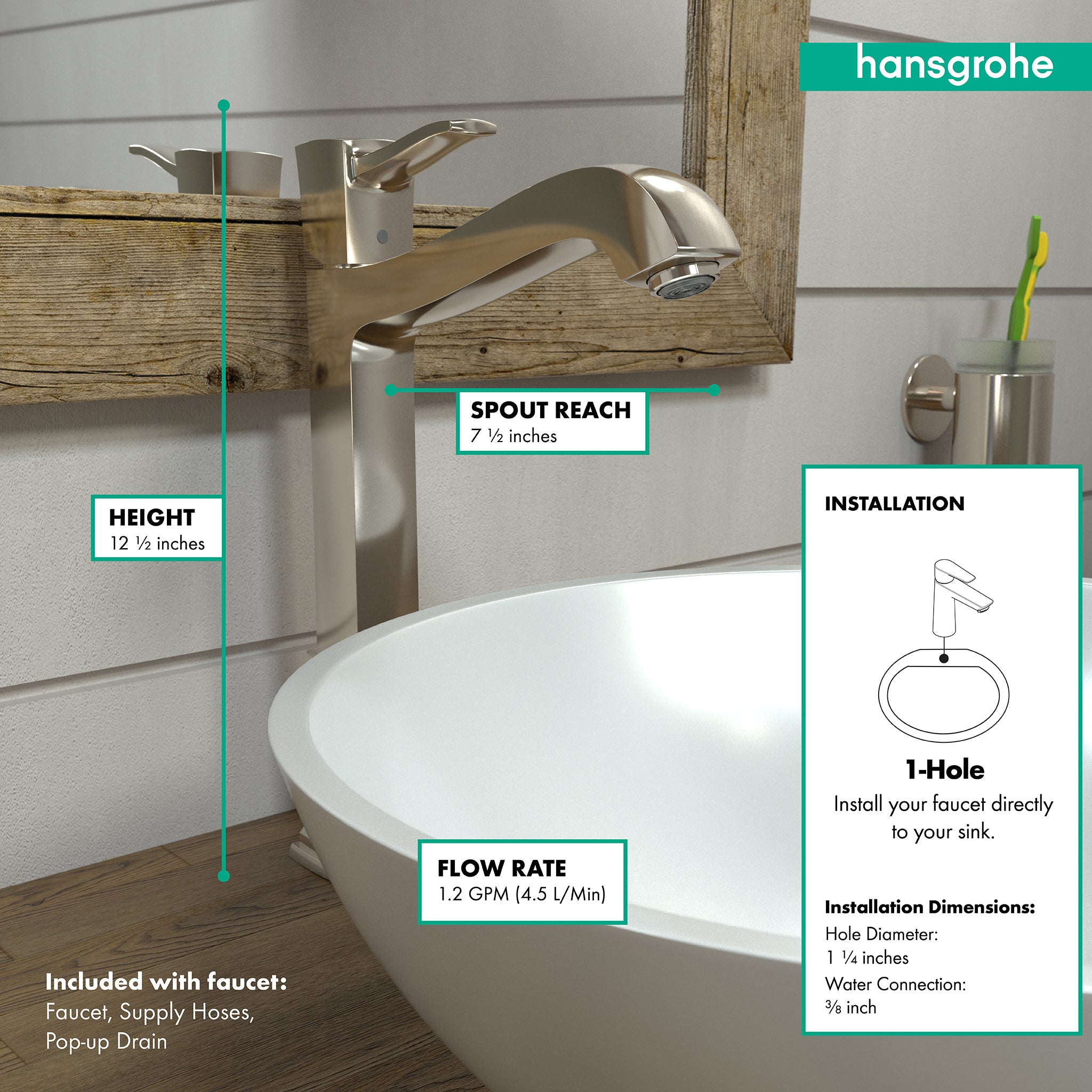 HANSGROHE 31303831 Metropol Classic Single-Hole Faucet 260 with Pop-Up Drain, 1.2 GPM - Polished Nickel