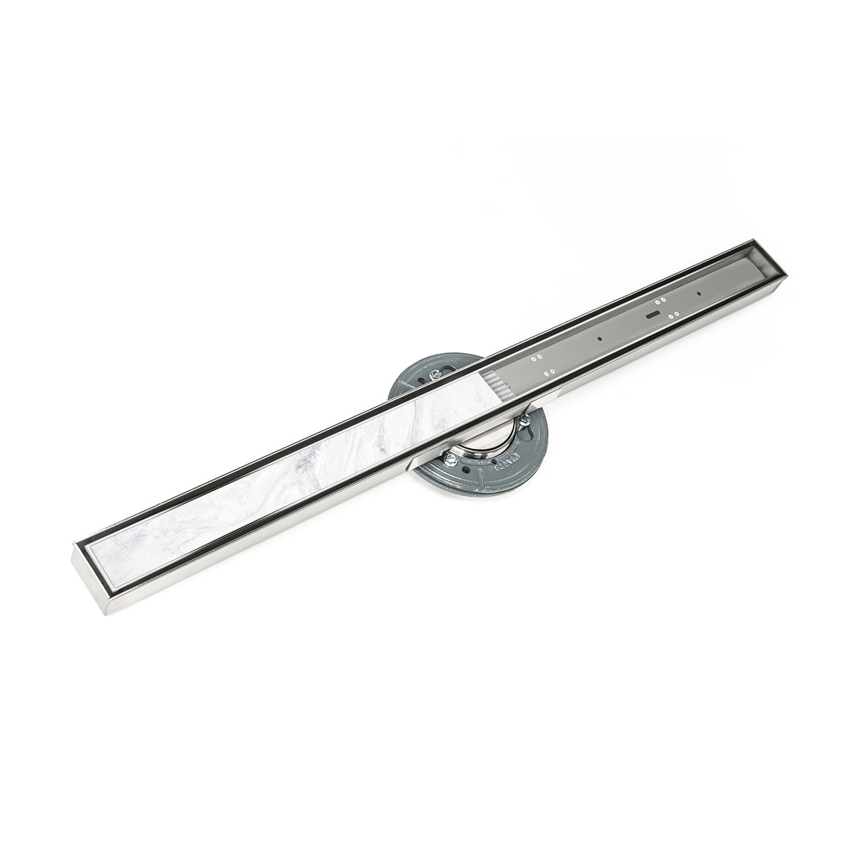 INFINITY DRAIN STIF AS 9996-I PS S-TIFAS 99 96" S-Stainless Steel Series High Flow Complete Kit with Tile Insert Frame in Polished Stainless with Cast Iron Drain Body, 3" No Hub Outlet