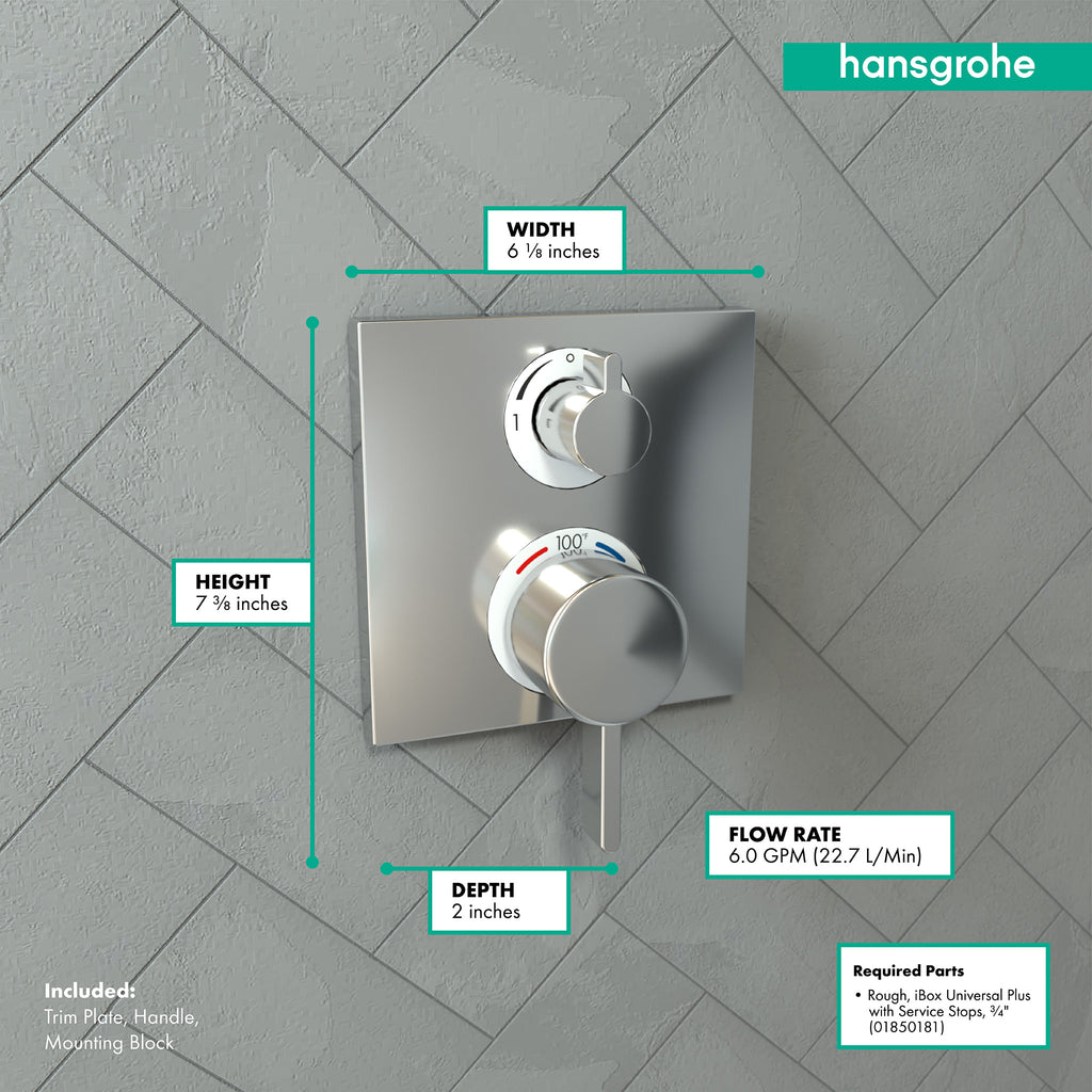 HANSGROHE 15714001 Ecostat Square Thermostatic Trim with Volume Control and Diverter - Chrome