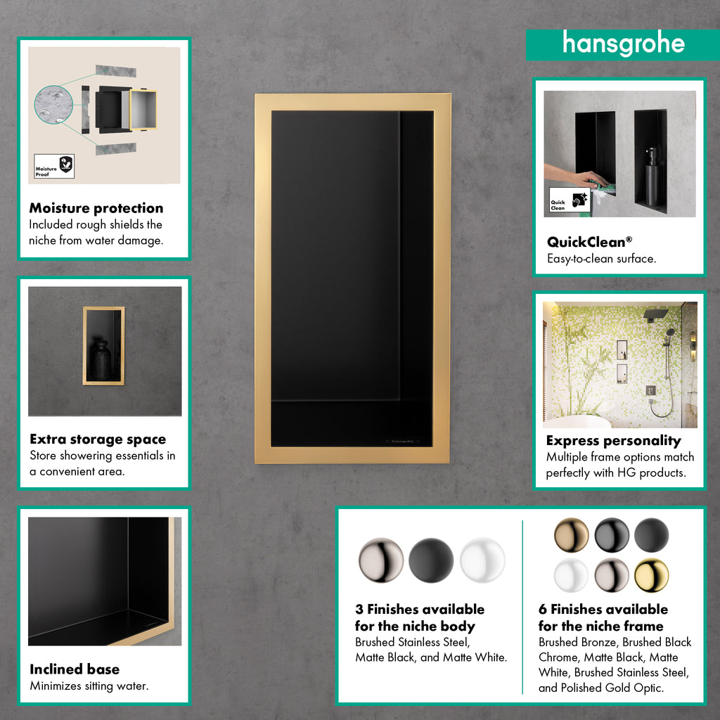 HANSGROHE 56095800 XtraStoris Individual Wall Niche Matte Black with Design Frame 12"x 6"x 4" - Brushed Stainless Steel