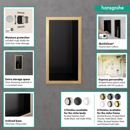 HANSGROHE 56095340 XtraStoris Individual Wall Niche Matte Black with Design Frame 12"x 6"x 4" - Brushed Black Chrome