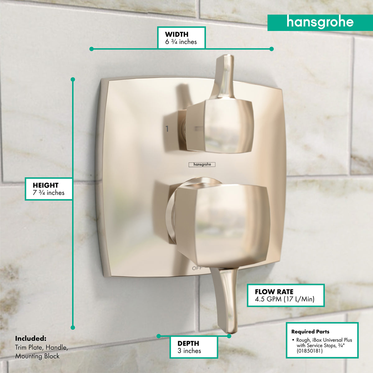 HANSGROHE 15865831 Ecostat Classic Pressure Balance Trim Classic Square with Diverter - Polished Nickel