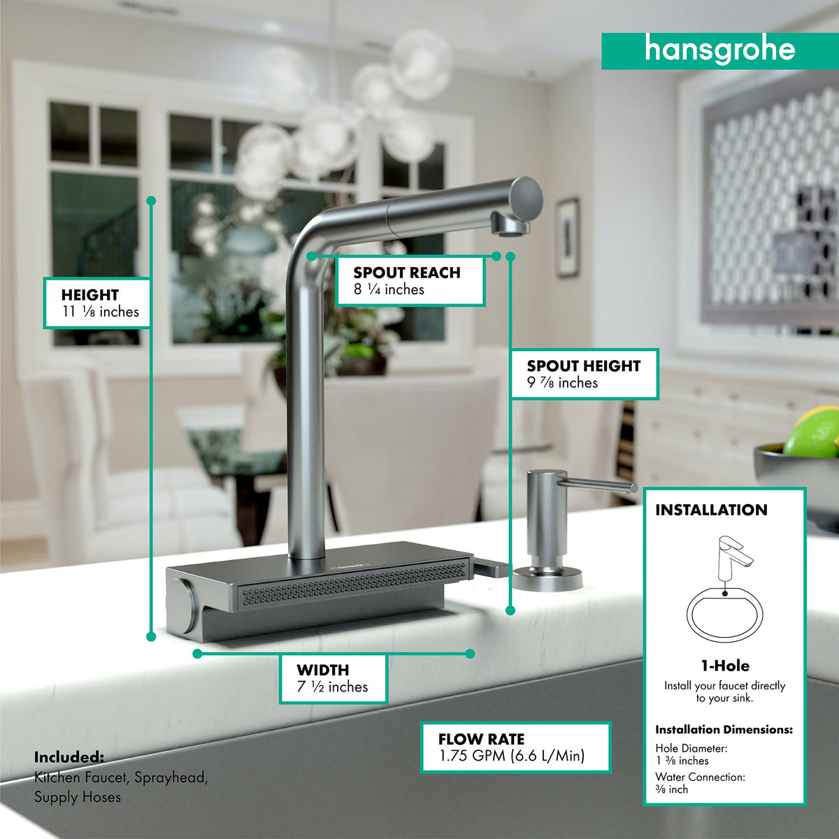 HANSGROHE 73830341 Aquno Select Kitchen Faucet, 2-Spray Pull-Out with sBox, 1.75 GPM - Brushed Black Chrome