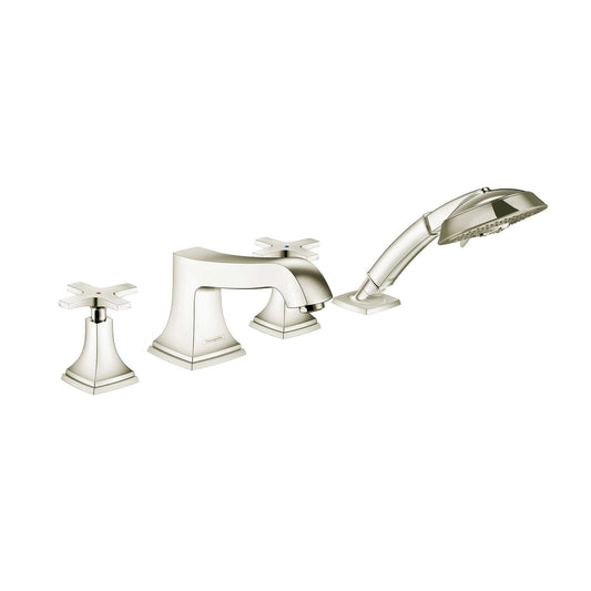 HANSGROHE 31449831 Metropol Classic 4-Hole Roman Tub Set Trim with Cross Handles and 1.8 GPM Handshower - Polished Nickel