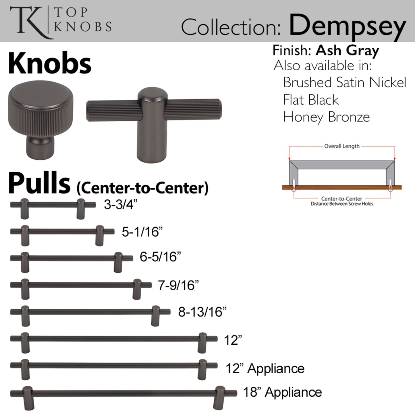 TOP KNOBS TK3251AG Dempsey 2 1/2" Length Bar Knob - Ash Gray