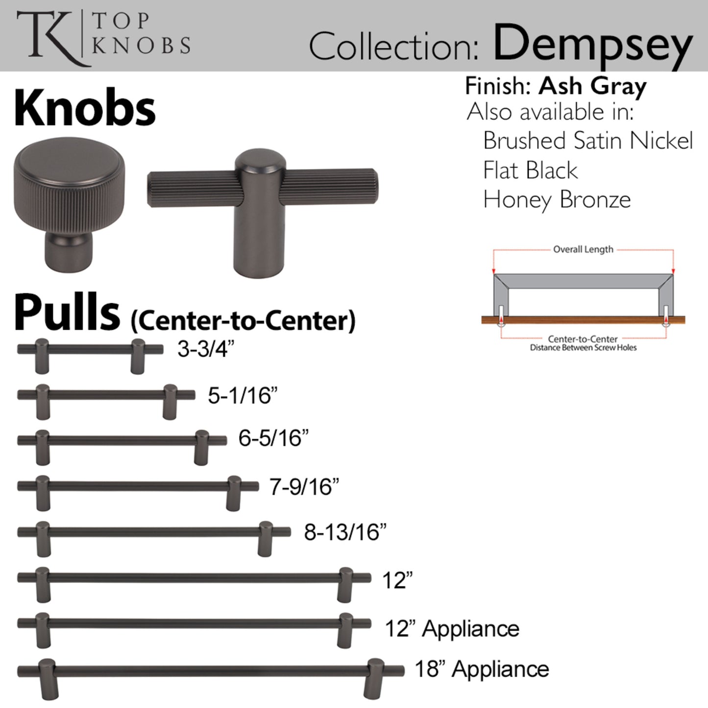 TOP KNOBS TK3250AG Dempsey 1 1/4" Length Round Knob - Ash Gray