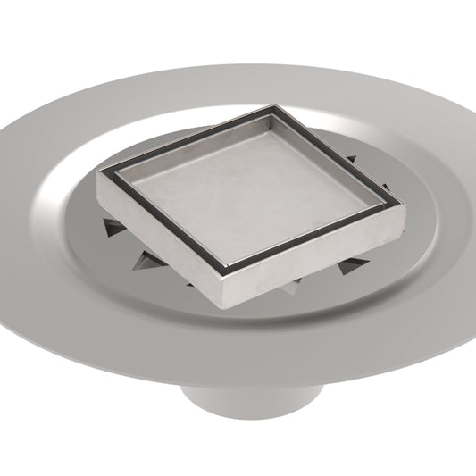 INFINITY DRAIN TDB 4-S PS TD 4 4” x 4” Tile Drain Strainer in Polished Stainless with Stainless Steel Bonded Flange Drain Body, 2" No Hub Outlet