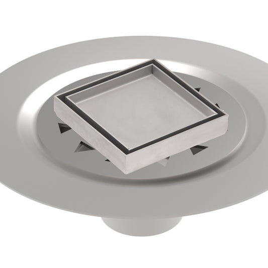 INFINITY DRAIN TDB 4-S SS TD 4 4” x 4” Tile Drain Strainer in Satin Stainless with Stainless Steel Bonded Flange Drain Body, 2" No Hub Outlet
