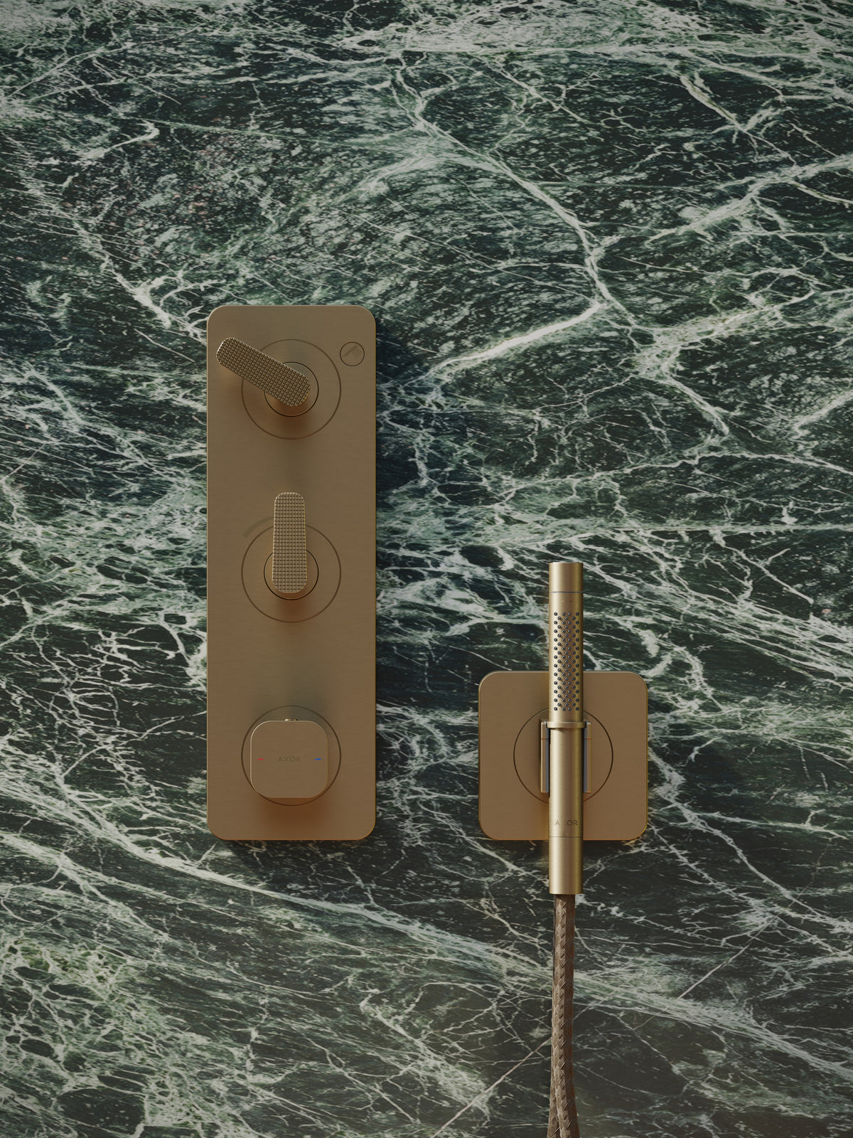 AXOR 49626251 Citterio C Handshower Holder Softsquare with Outlet 5"x5" with Handshower and Textile Hose, 2.5 GPM - Brushed Gold Optic