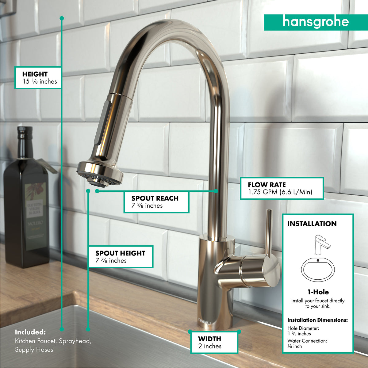 HANSGROHE 04286830 Talis S² Prep Kitchen Faucet, 2-Spray Pull-Down, 1.75 GPM - Polished Nickel
